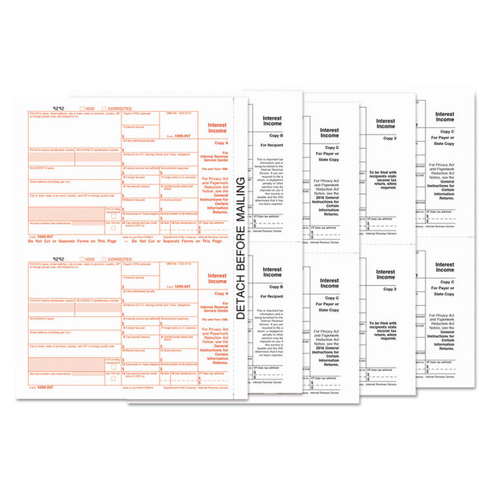 1099-INT Tax Forms, Five-Part Carbonless, 5.5 x 8, 2/Page, 24 Forms