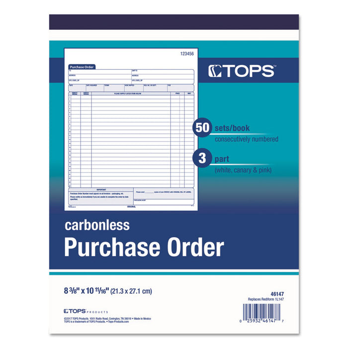 Purchase Order Book, Three-Part Carbonless, 8.38 x 10.19, 1/Page, 50 Forms