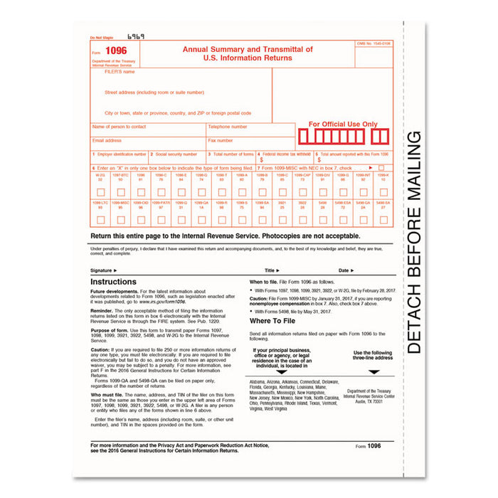 1096 Summary Transmittal Tax Forms, 8 x 11, Inkjet/Laser, 50 Forms