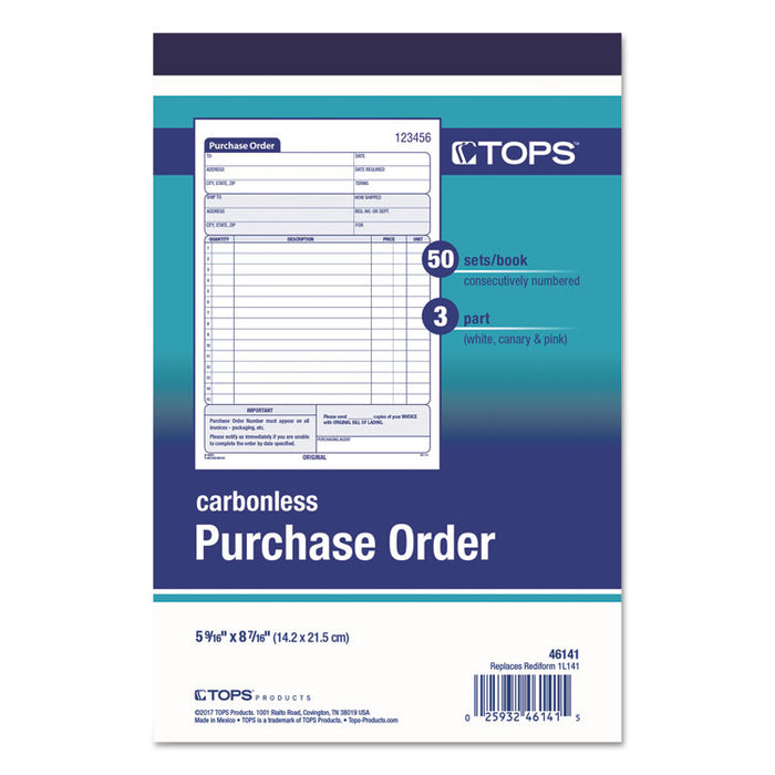 Purchase Order Book, Three-Part Carbonless, 5.56 x 8.44, 1/Page, 50 Forms