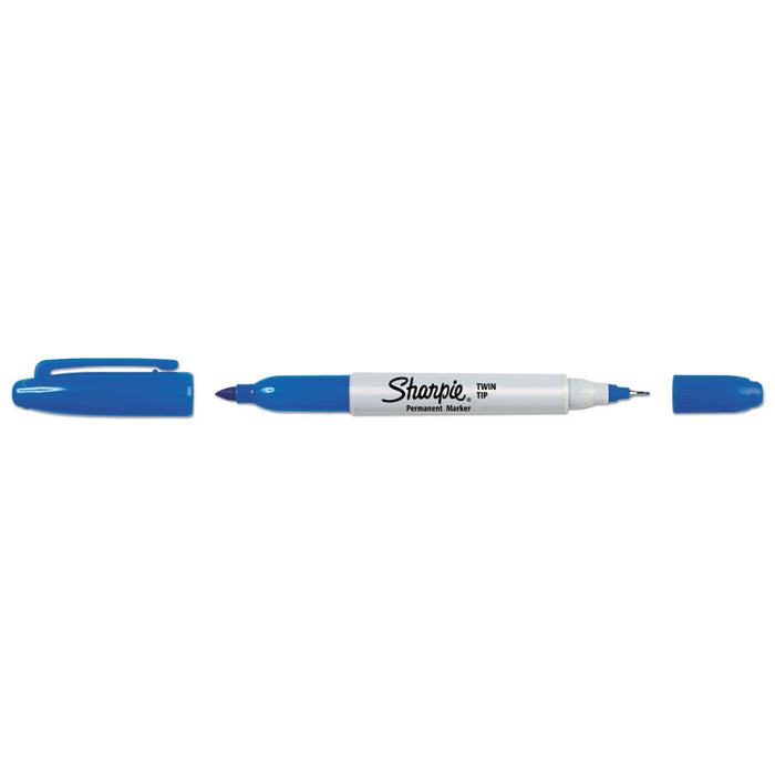 Twin-Tip Permanent Marker, Extra-Fine/Fine Bullet Tips, Blue, Dozen