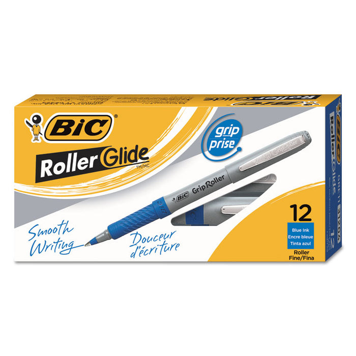 Roller Glide Roller Ball Pen, Micro-Fine 0.5mm, Blue Ink, Gray Barrel, Dozen