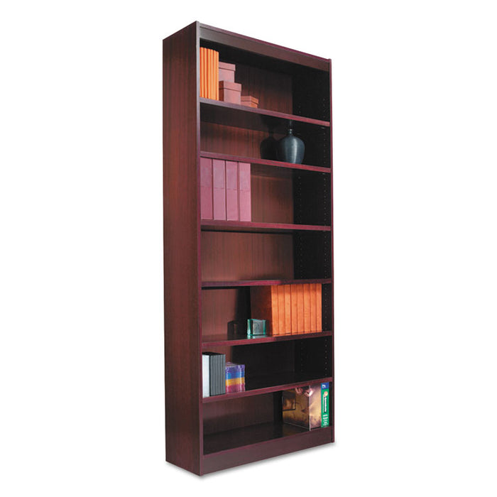 Square Corner Wood Veneer Bookcase, Six-Shelf, 35.63w x 11.81d x 71.73h, Mahogany