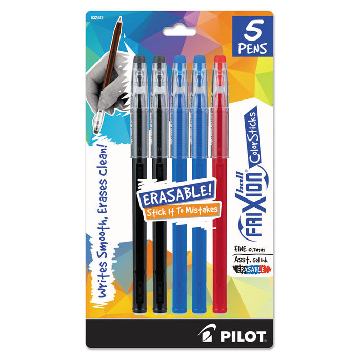 Blister-Carded FriXion ColorSticks Erasable Gel Pen, Stick, Fine 0.7 mm, Assorted Ink and Barrel Colors, 5/Pack
