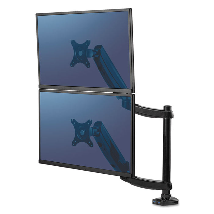 Platinum Series Dual Stacking Arm for 27" Monitors, 360 deg Rotation, 180 deg Tilt, 360 deg Pan, Black, Supports 22 lb