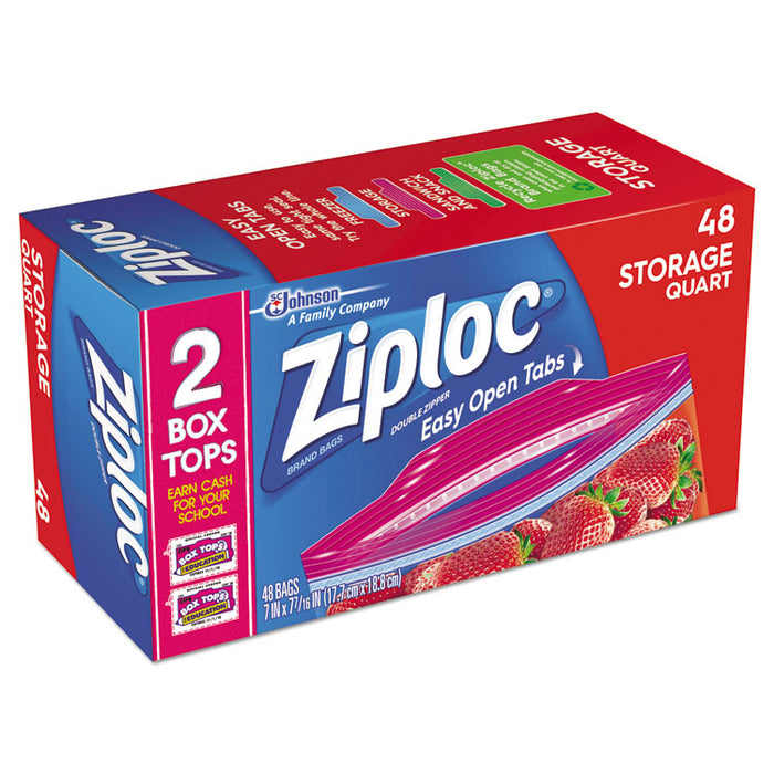 Double Zipper Storage Bags, 1 qt, 1.75 mil, 9.63" x 8.5", Clear, 48/Box