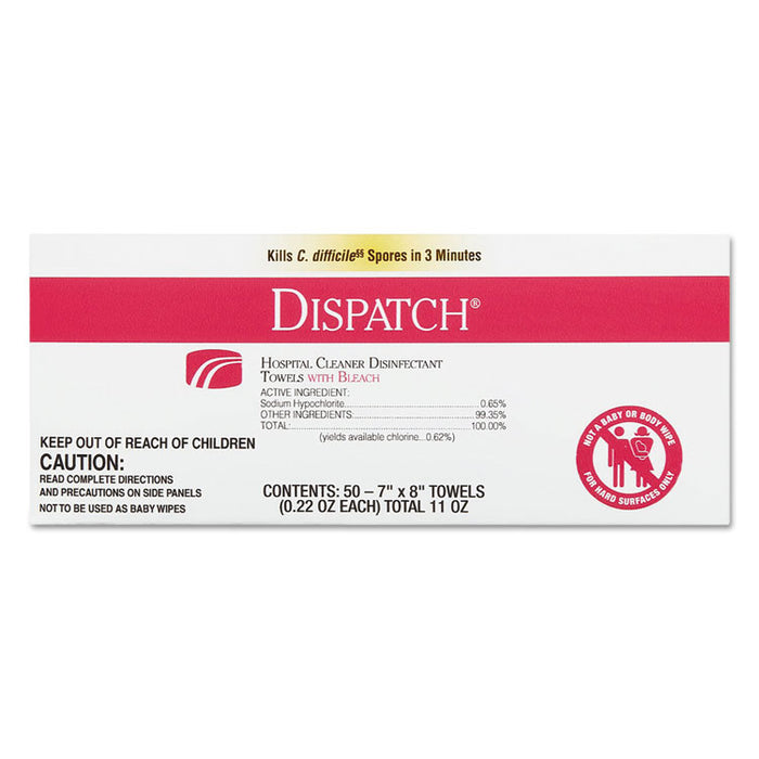 Dispatch Cleaner Disinfectant Towels with Bleach, 7 x 8, 50/Box, 6 Boxes/Carton