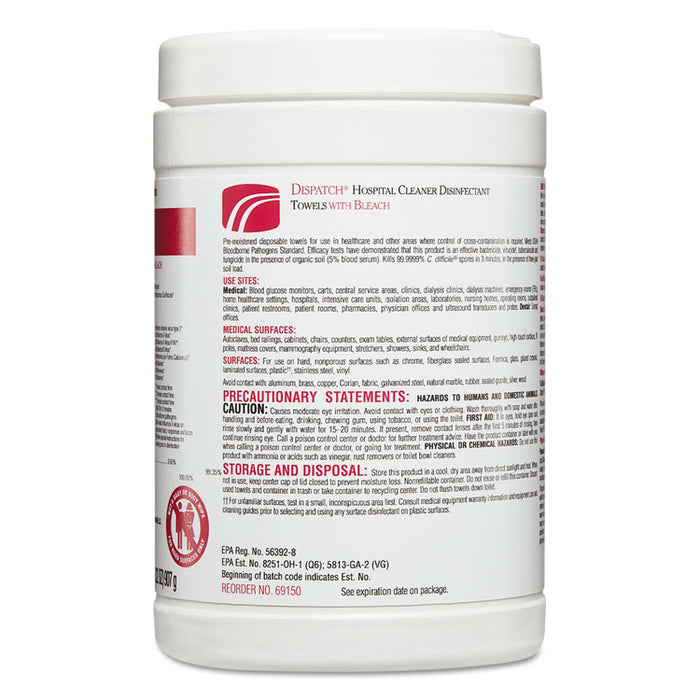 Dispatch Cleaner Disinfectant Towels, 6 3/4 x 8, 150/Can, 8 Canisters/Carton
