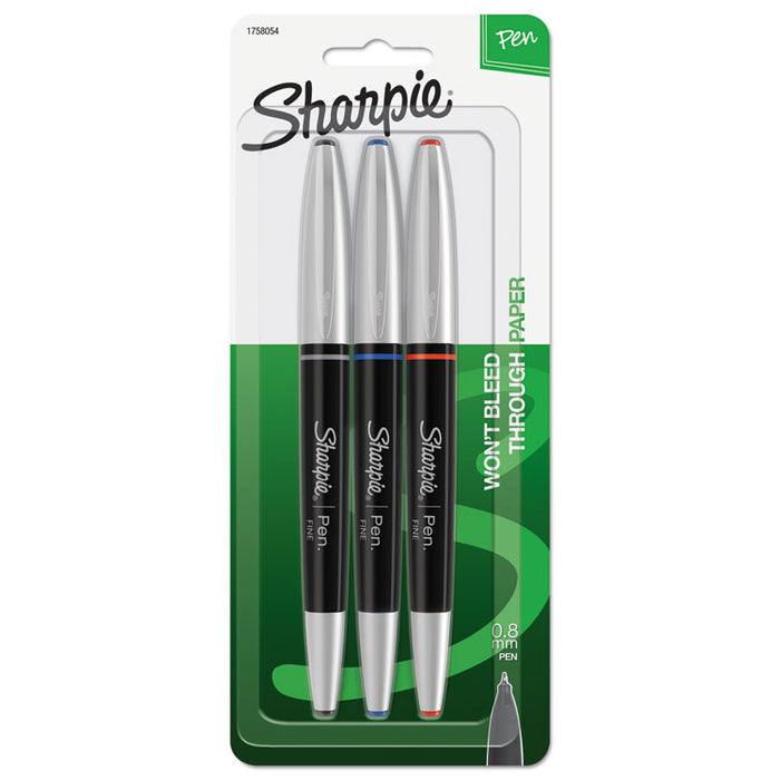 Grip Stick Porous Point Pen, Fine 0.5mm, Assorted Ink, Black Barrel, 3/Pack
