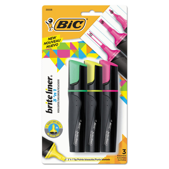 Brite Liner 3 'n 1 Highlighters, 3 'n 1 Chisel Tip, Assorted Colors, 3/Set