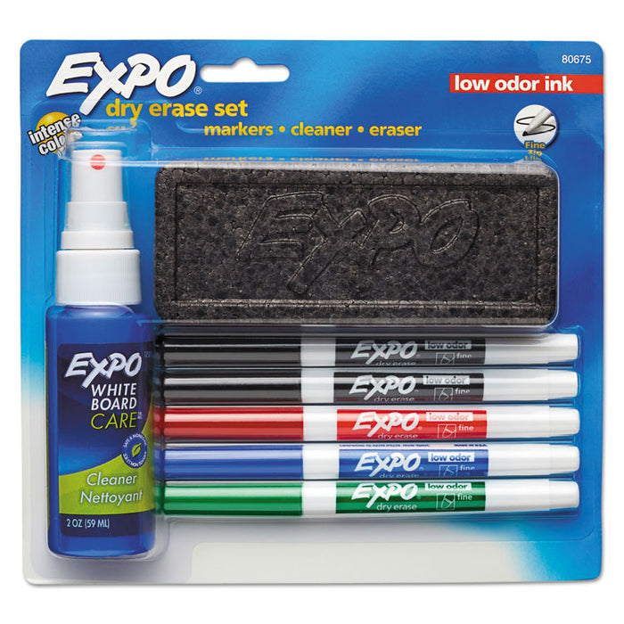 Dry Erase Marker, Eraser & Cleaner Kit, Fine Bullet Tip, Assorted Colors, 5/Set