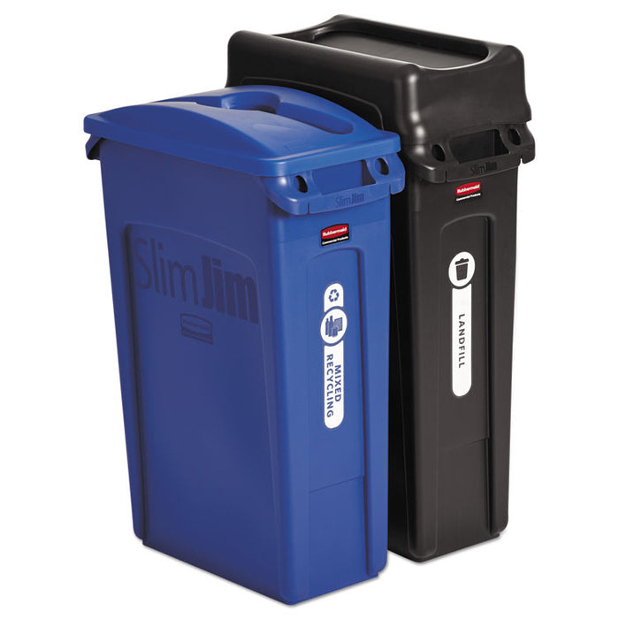 Slim Jim Recycling Container, Rectangular, 23 gal, Black/Blue