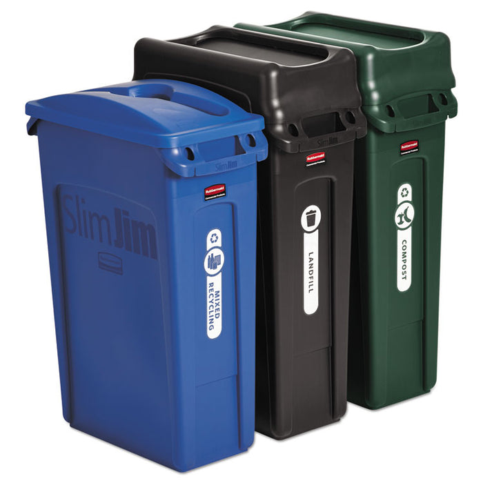 Slim Jim Recycling Container, Rectangular, 23 gal, Black/Blue/Green