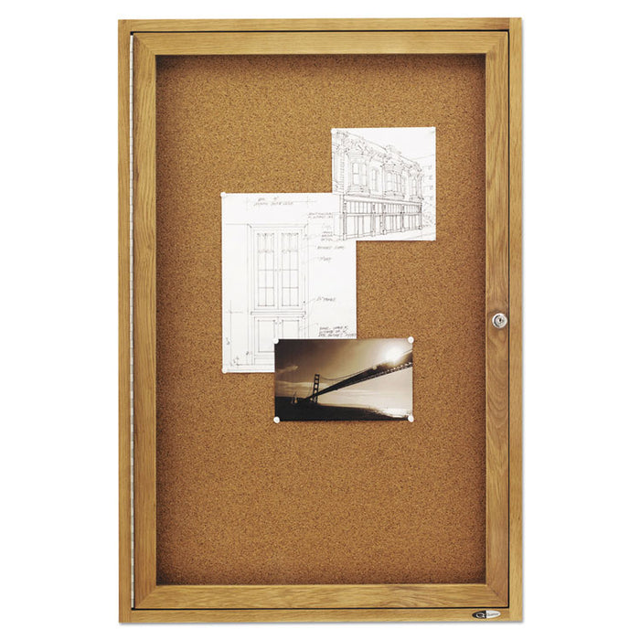 Enclosed Bulletin Board, Natural Cork/Fiberboard, 24 x 36, Oak Frame