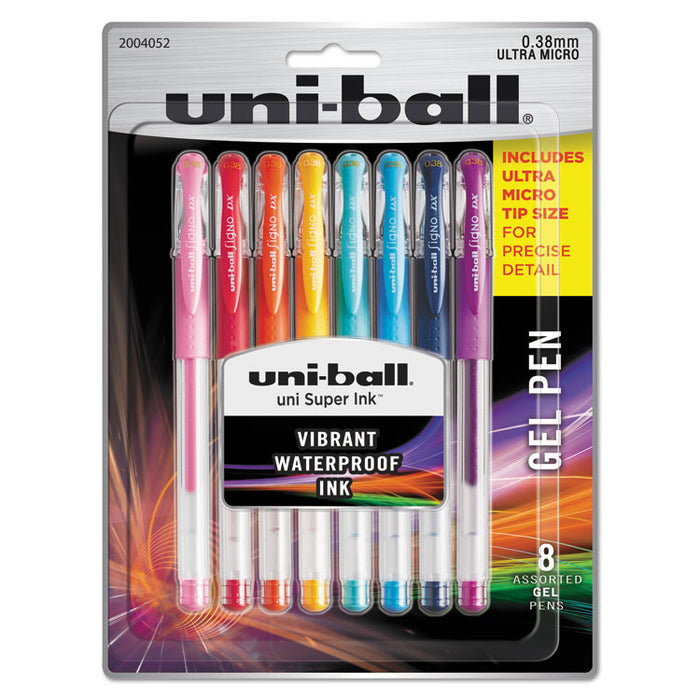 Stick Gel Pen, Micro 0.38mm, Assorted Ink, Clear Barrel, 8/Set
