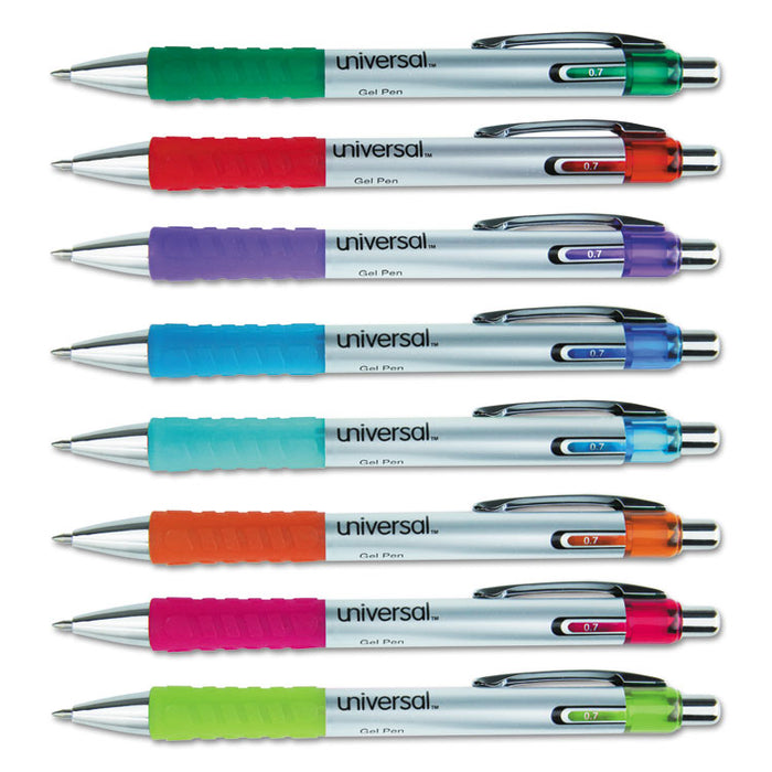 Comfort Grip Gel Pen, Retractable, Medium 0.7 mm, Assorted Ink Colors, Silver Barrel, 8/Pack