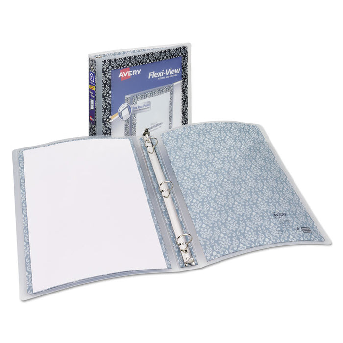 Flexi-View Binder with Round Rings, 3 Rings, 1" Capacity, 11 x 8.5, Black/White Damask