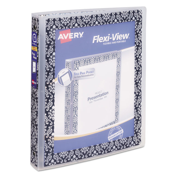 Flexi-View Binder with Round Rings, 3 Rings, 1" Capacity, 11 x 8.5, Black/White Damask
