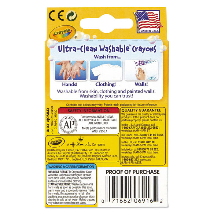 Ultra-Clean Washable Crayons, Regular, 8 Colors, 16/Box
