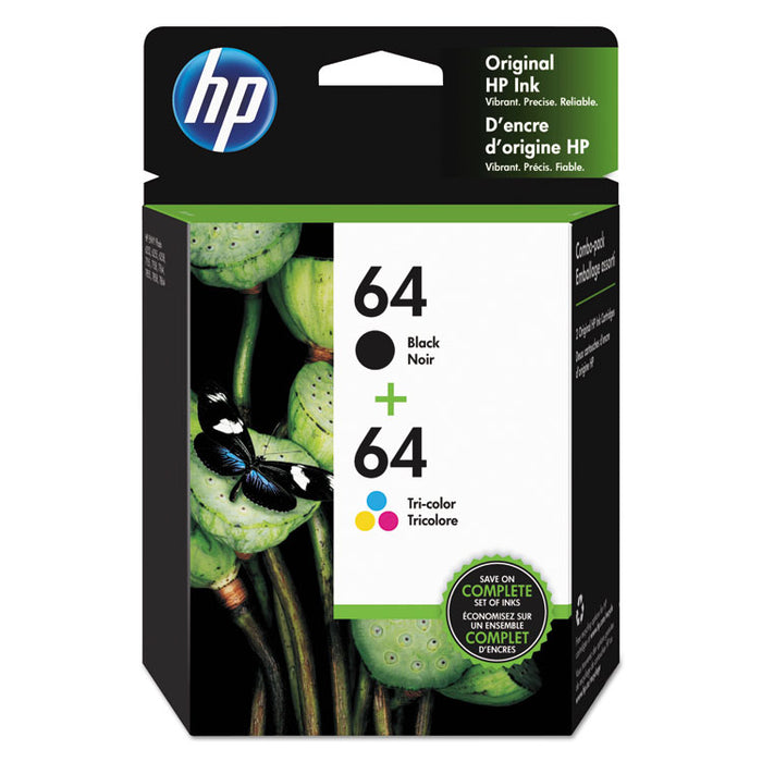 HP 64, (X4D92AN) 2-pack Black/Tri-color Original Ink Cartridges