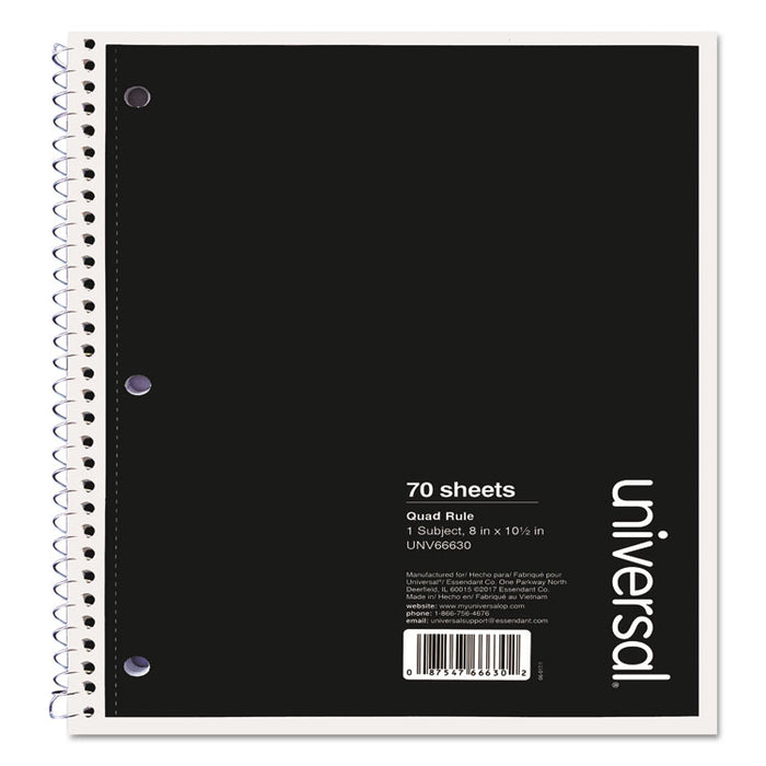 Wirebound Notebook, 1 Subject, Quadrille Rule, Black Cover, 10.5 x 8, 70 Sheets