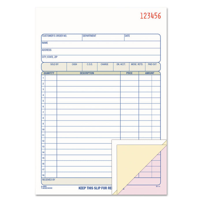 TOPS Sales/Order Book, Three-Part Carbonless, 7.95 x 5.56, 1/Page, 50 Forms