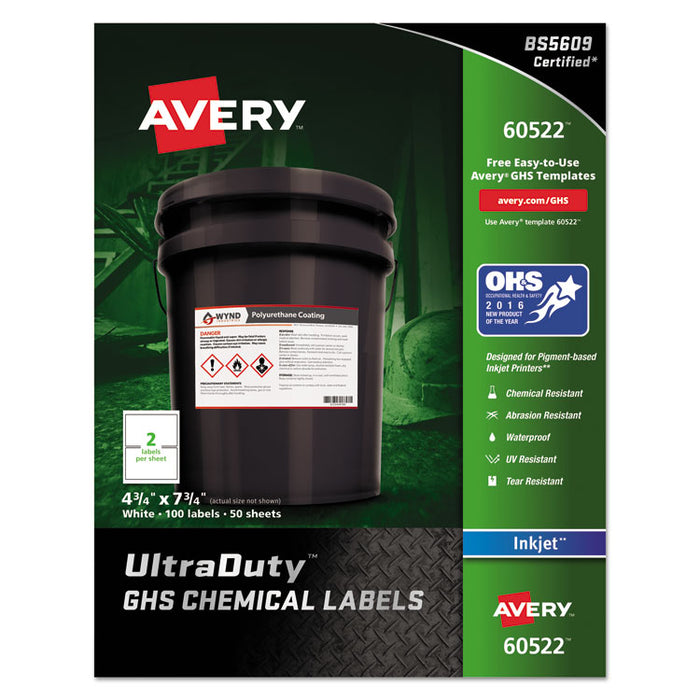 UltraDuty GHS Chemical Waterproof and UV Resistant Labels, 4.75 x 7.75, White, 2/Sheet, 50 Sheets/Pack