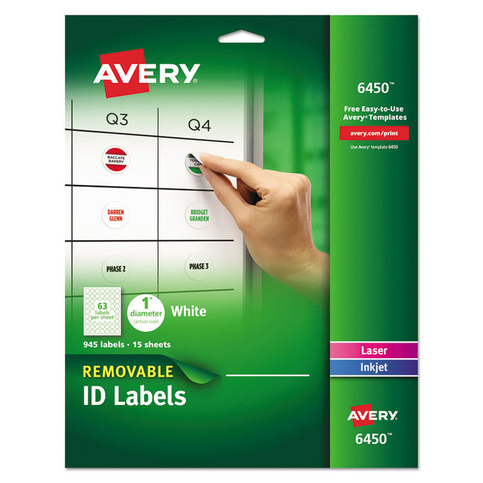 Removable Multi-Use Labels, Inkjet/Laser Printers, 1" dia., White, 63/Sheet, 15 Sheets/Pack
