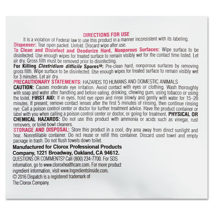 Dispatch Cleaner Disinfectant Towels with Bleach, 7 x 8, 50/Box, 6 Boxes/Carton