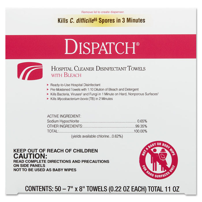 Dispatch Cleaner Disinfectant Towels with Bleach, 7 x 8, 50/Box, 6 Boxes/Carton