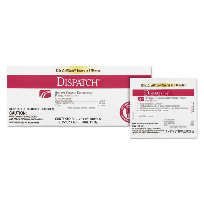 Dispatch Cleaner Disinfectant Towels with Bleach, 7 x 8, 50/Box, 6 Boxes/Carton
