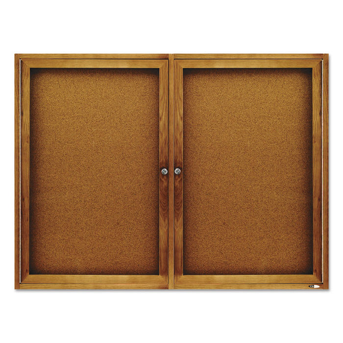 Enclosed Bulletin Board, Natural Cork/Fiberboard, 48 x 36, Oak Frame