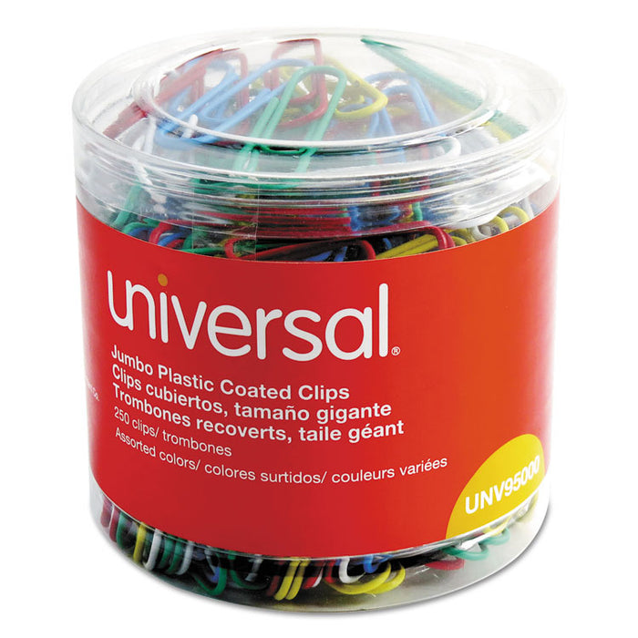 Plastic-Coated Paper Clips, Jumbo, Assorted Colors, 250/Pack
