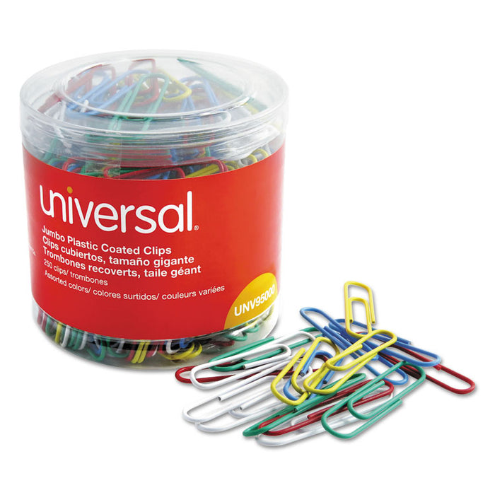 Plastic-Coated Paper Clips, Jumbo, Assorted Colors, 250/Pack