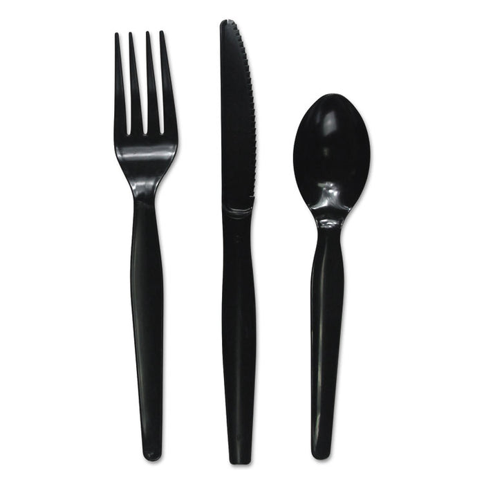 Three-Piece Cutlery Kit, Fork/Knife/Teaspoon, Heavyweight, Black, 250/Carton