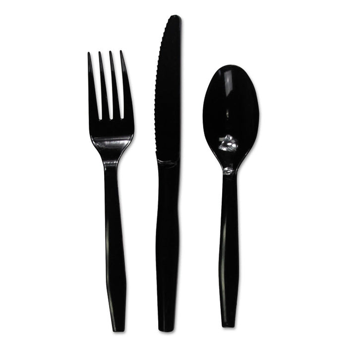 Three-Piece Cutlery Kit, Fork/Knife/Teaspoon, Black, 250/Carton