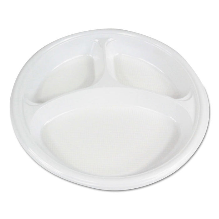 Hi-Impact Plastic Dinnerware, Plate, 3-Compartment, 10" dia, White, 500/Carton