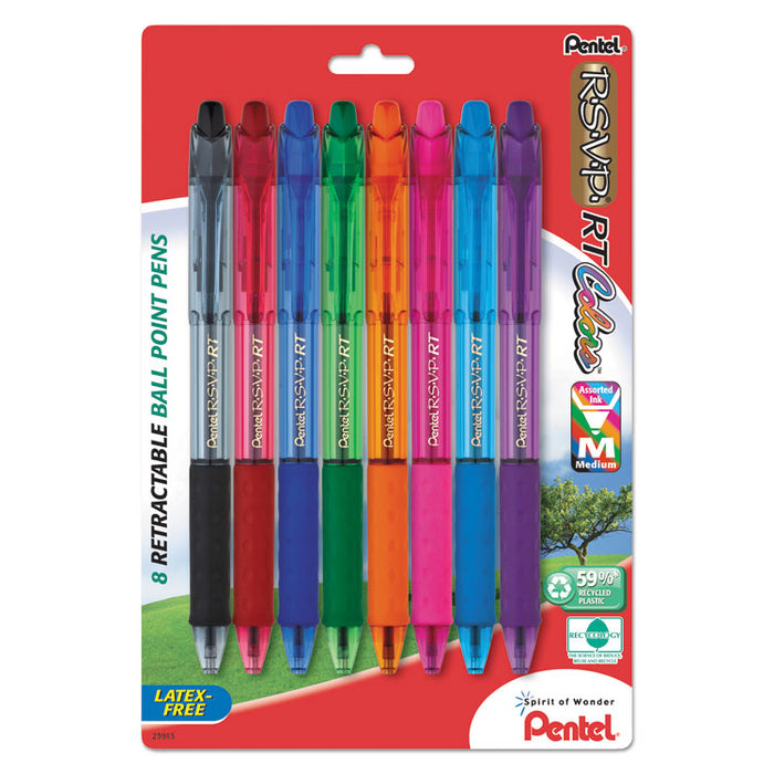 R.S.V.P. RT Ballpoint Pen, Retractable, Medium 1 mm, Assorted Ink Colors, Clear Barrel, 8/Pack