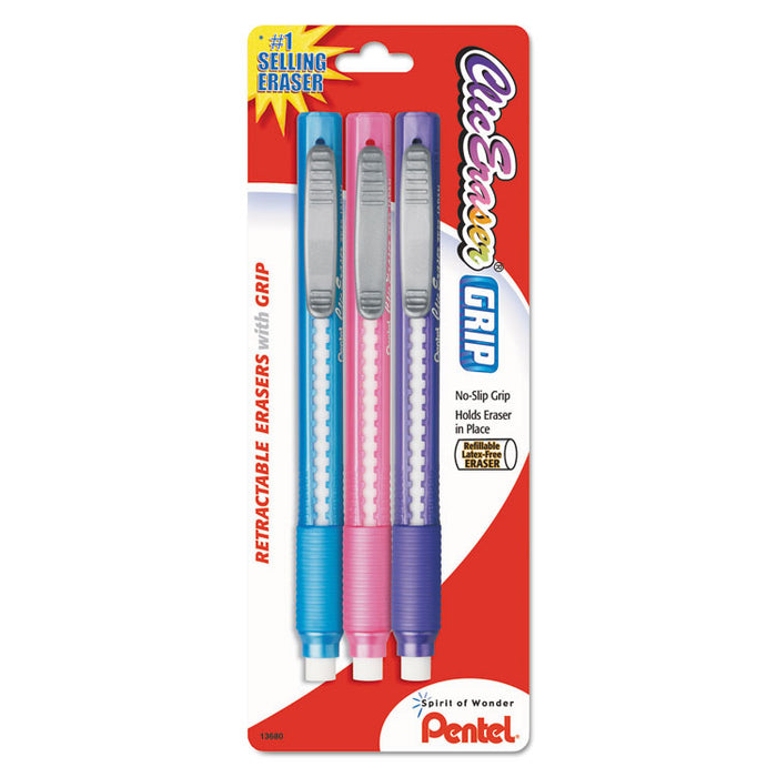 Clic Eraser Grip Eraser, For Pencil Marks, White Eraser, Randomly Assorted Barrel Colors (Three-Colors), 3/Pack