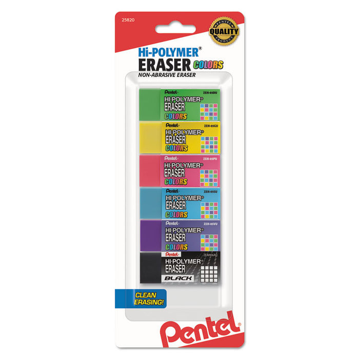 Hi-Polymer Eraser, Rectangular, Medium, Assorted, Latex-Free Hi-Polymer, 6/Pack