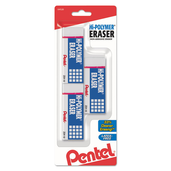 Hi-Polymer Eraser, Rectangular, Medium, White, Latex-Free Hi-Polymer, 3/Pack