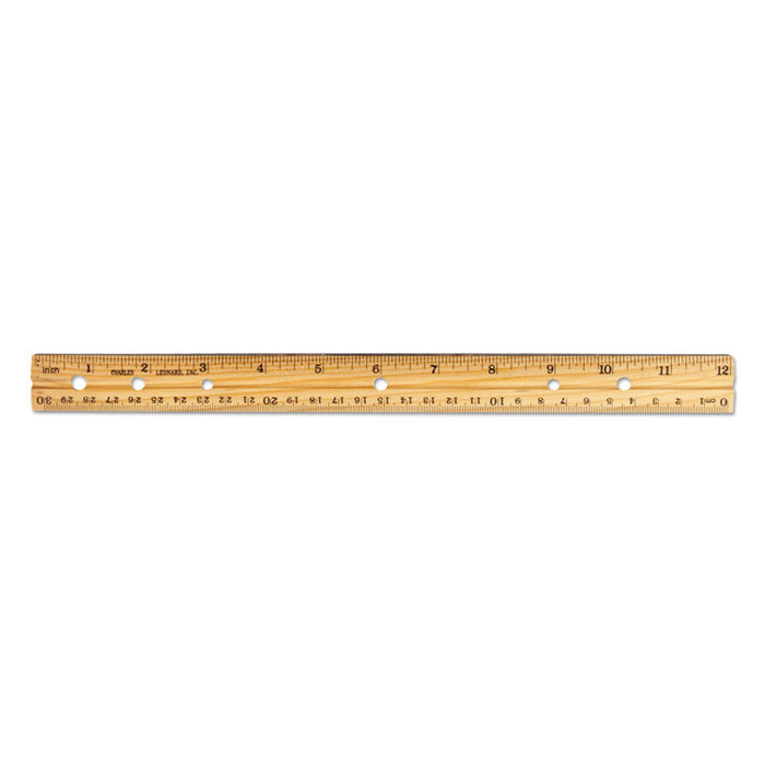 Beveled Wood Ruler w/Single Metal Edge, 3-Hole Punched, Standard/Metric, 12" Long, Natural, 36/Box
