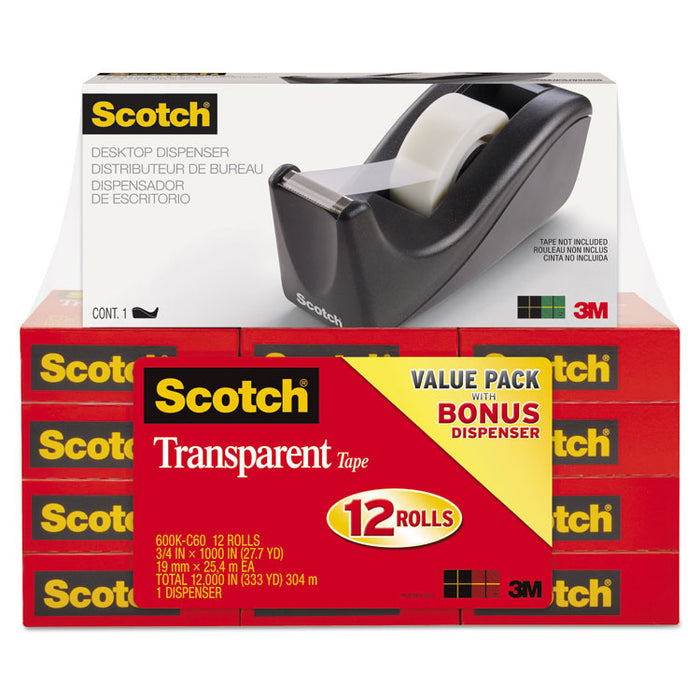 Transparent Tape Value Pack with Black Dispenser, 1" Core, 0.75" x 83.33 ft, Transparent