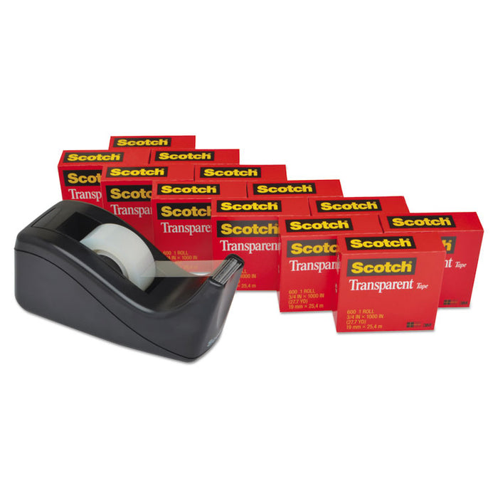 Transparent Tape Value Pack with Black Dispenser, 1" Core, 0.75" x 83.33 ft, Transparent