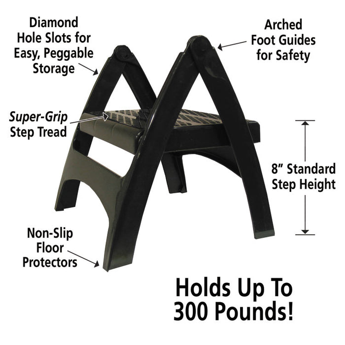Quik-Fold Plastic Step Stool, 1-Step, Arched Foot Guides, 13 x 13.5 x 12, Black