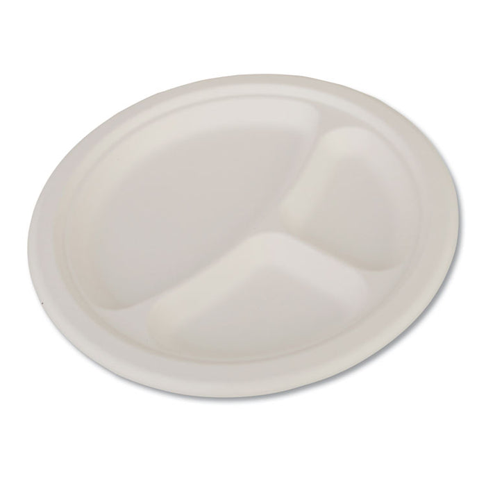 ChampWare Heavyweight Bagasse Dinnerware, Plate, 3-Compartment, 10" dia, White, 500/Carton