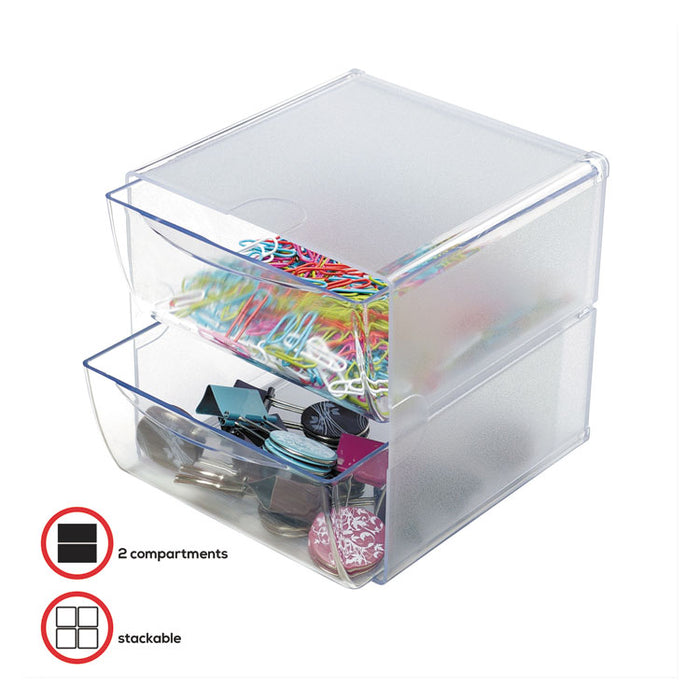 Stackable Cube Organizer, 2 Compartments, 2 Drawers, Plastic, 6 x 7.2 x 6, Clear