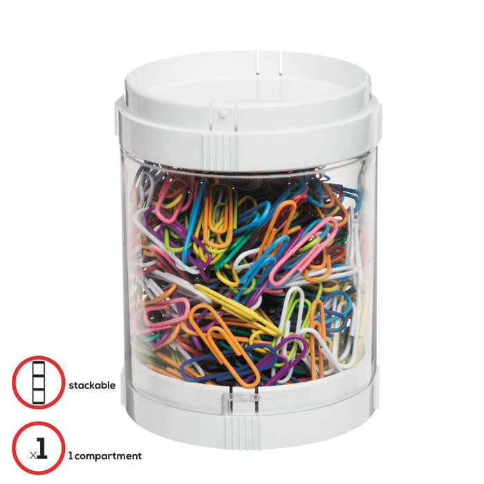 Interlocking Stacking 1-Bin Organizer, 2 Lids/Bases, 3 dia x 3 9/10, White/Clear