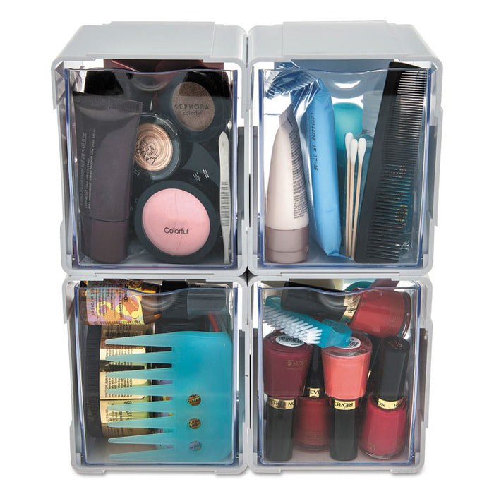 Tilt Bin Interlocking 4-Bin Organizer, Plastic, 4.63 x 4.88 x 5.5, White/Clear