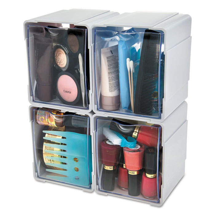 Tilt Bin Interlocking 4-Bin Organizer, Plastic, 4.63 x 4.88 x 5.5, White/Clear